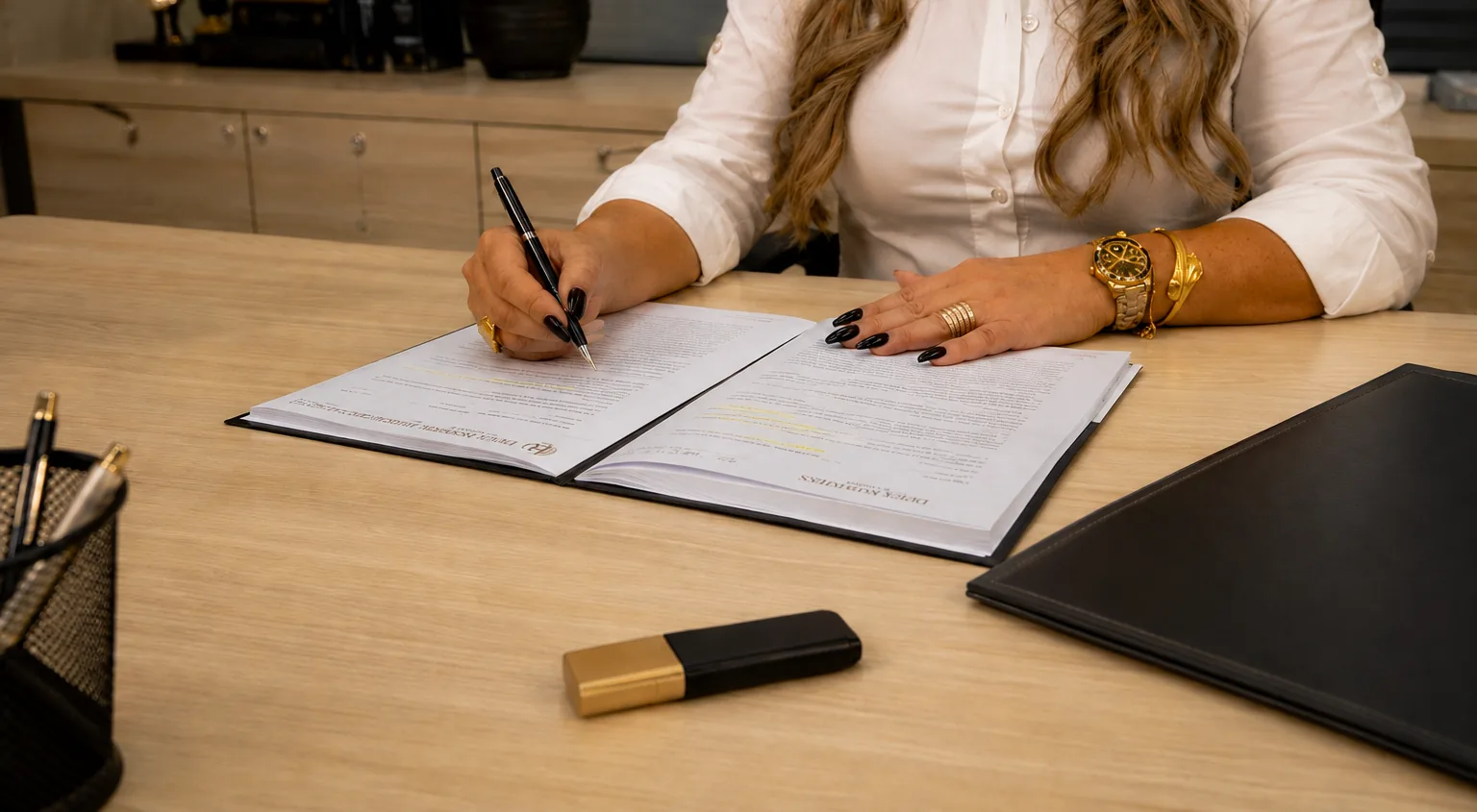 Contrato aberto sobre a mesa do escritório, com trechos marcados a marca-texto e caneta em mão