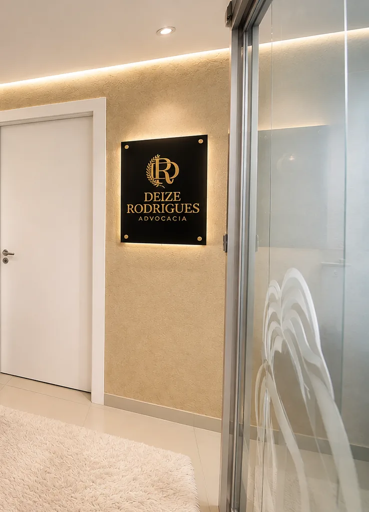 Recepção do escritório, com a placa iluminada Deize Rodrigues Advocacia na parede