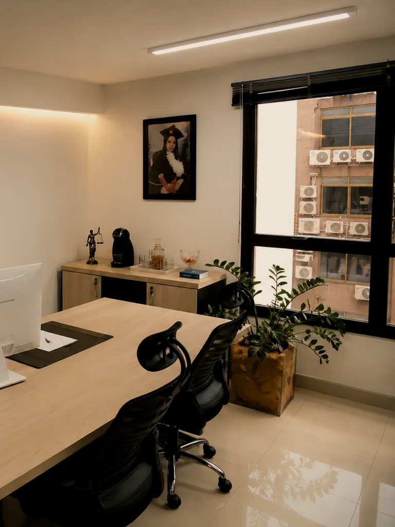 Sala de atendimento do escritório, com mesa de reunião e janela